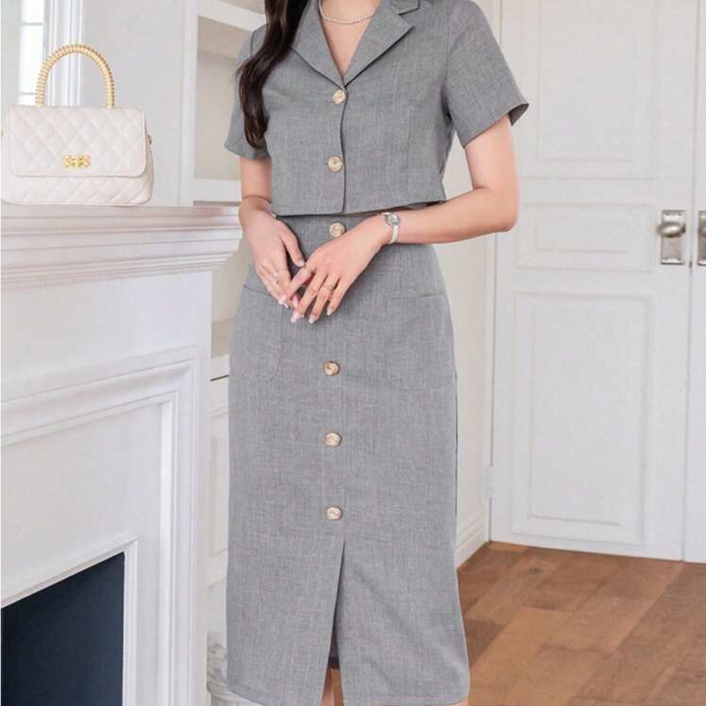 Chic Gray Button-Down Skirt Suit - image 1
